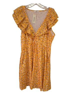 Loemes Women's Yellow V Neck Ruffle Floral Sundress With Pockets, XL